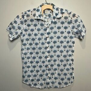 Block + Ink Mens 2XL Palm Tree Short Sleeve Button Shirt Linen Style Handmade